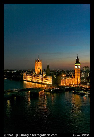 Thames River and Houses of Parliament at night seen from the London Eye. London, England, United Kingdom (color)
