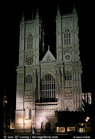 Westminster Abbey facade at night. London, England, United Kingdom
