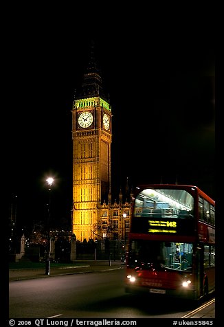 Double-decker bus and Big Ben at night. London, England, United Kingdom (color)