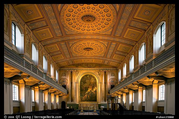 Chapel interior with richly decorated ceiling, Greenwich University. Greenwich, London, England, United Kingdom