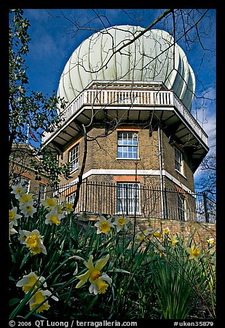 Royal Greenwich Observatory and daffodils. Greenwich, London, England, United Kingdom (color)