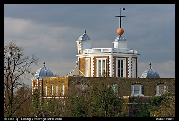 Red Time Ball on top of Flamsteed House, one of the world's first visual time signals. Greenwich, London, England, United Kingdom (color)