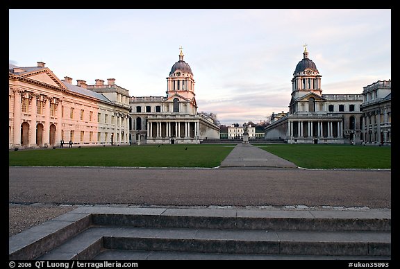 Grand Square, Old Royal Naval College, sunset. Greenwich, London, England, United Kingdom