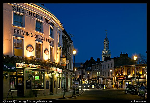 Tavern, street, and church at night. Greenwich, London, England, United Kingdom (color)