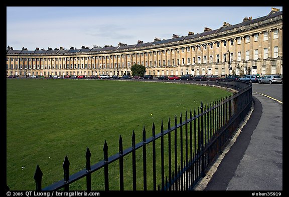 Fence, lawn, and Royal Crescent. Bath, Somerset, England, United Kingdom