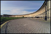 Cobblestone pavement and curved facade of Royal Crescent. Bath, Somerset, England, United Kingdom ( color)