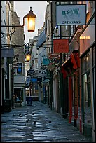 Lamps, pigeons, and narrow street. Bath, Somerset, England, United Kingdom (color)