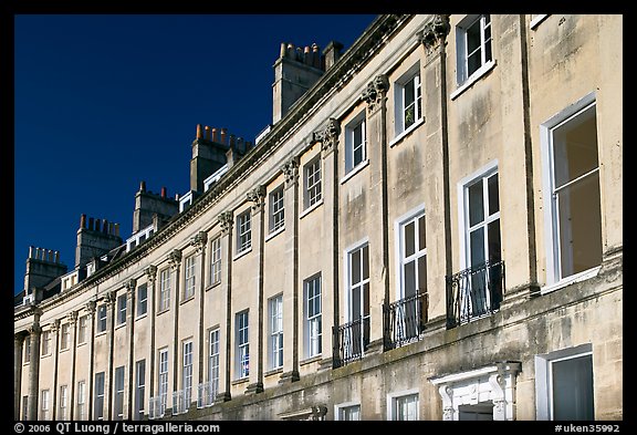 Detail of the Lansdown Crescent Crescent townhouses. Bath, Somerset, England, United Kingdom (color)
