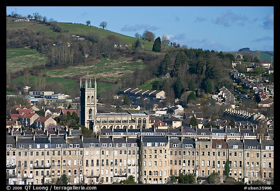 Townhouses, church and hill. Bath, Somerset, England, United Kingdom