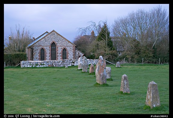 Small standing stones and chapel, Avebury, Wiltshire. England, United Kingdom (color)