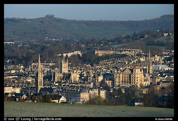 City center and hills from above, early morning. Bath, Somerset, England, United Kingdom