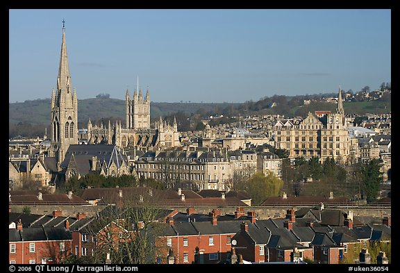Elevated view of city center with church and abbey. Bath, Somerset, England, United Kingdom