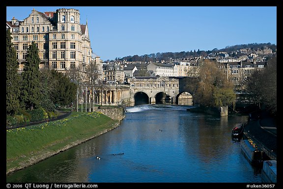 Avon River, Empire hotel, and Pulteney Bridge, morning. Bath, Somerset, England, United Kingdom