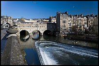 Weir on the Avon River and Pulteney Bridge. Bath, Somerset, England, United Kingdom (color)