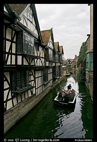 Half-timbered house, canal, and rowboat. Canterbury,  Kent, England, United Kingdom (color)