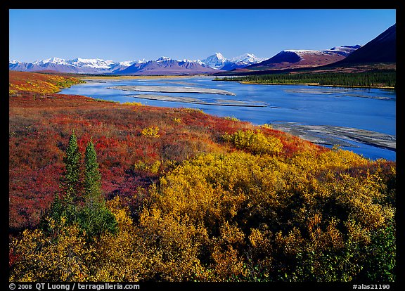 Susitna River and fall colors on the tundra, Denali Highway. Alaska, USA