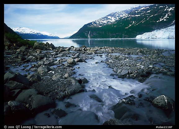 Stream, fjord, glacier, and waterfall, Barry Arm. Alaska, USA (color)