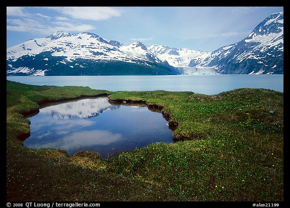 Pond, mountains, and glaciers across Harriman Fjord. Prince William Sound, Alaska, USA (color)