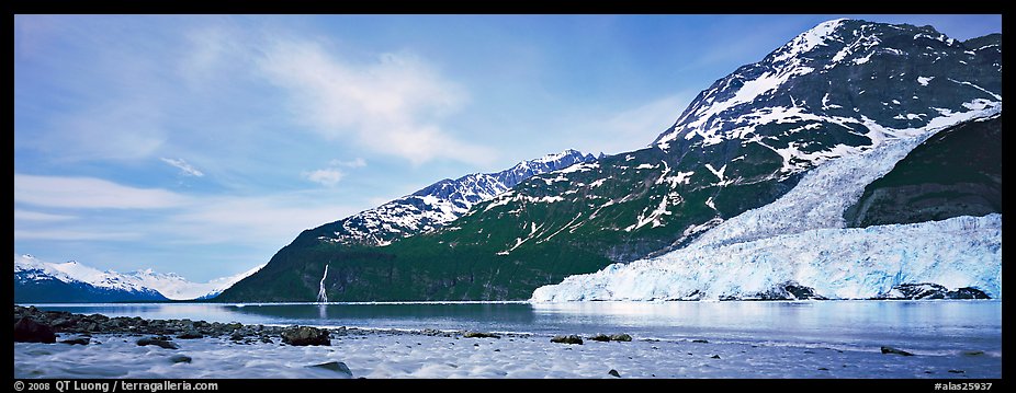 Landscape with tidewater glacier and waterfall. Prince William Sound, Alaska, USA (color)