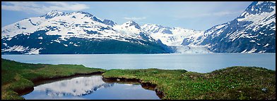 Fjord with snowy mountains. Prince William Sound, Alaska, USA (Panoramic color)
