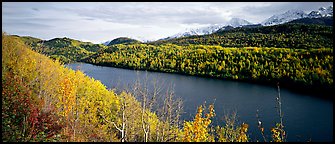 Autumn landscape with forest, lake, and mountains. Alaska, USA (Panoramic color)