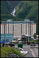 Boat ramp, Begich towers and Horsetail falls. Whittier, Alaska, USA (color)