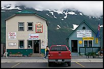 Cabins on the waterfront and red truck. Whittier, Alaska, USA ( color)