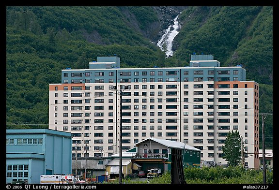 Begich towers and Horsetail falls. Whittier, Alaska, USA (color)