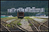 Rail tracks and Buckner building. Whittier, Alaska, USA