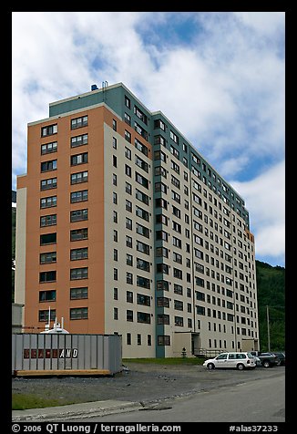 Begich towers, home to half of Whittier population. Whittier, Alaska, USA (color)