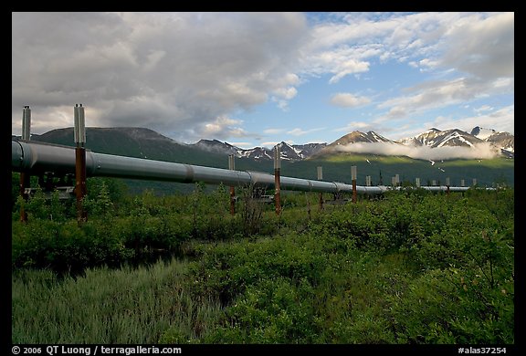 Alyeska Pipeline and mountains. Alaska, USA (color)