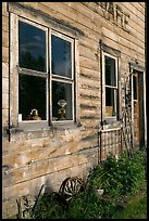 Windows and doors of old wooden building. McCarthy, Alaska, USA