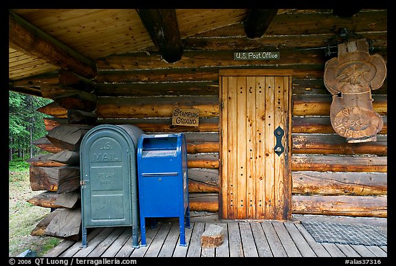 Mail boxes, log house post office, Slana. Alaska, USA