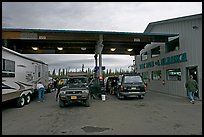 Cars and Rv at gas station The Hub of Alaska, Glennalen. Alaska, USA (color)