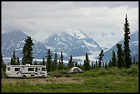 RV, tent, with glacier and mountains in background. Alaska, USA (color)
