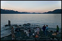 Families pickniking with fire, Resurrection Bay, sunset. Seward, Alaska, USA (color)
