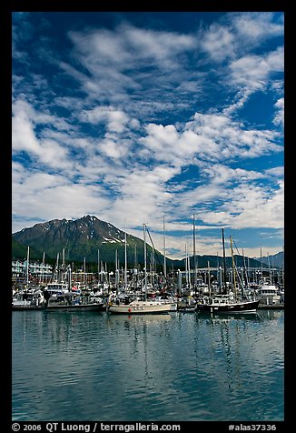 Harbor, mountains and cloud reflections. Seward, Alaska, USA (color)