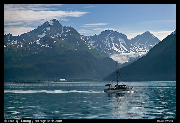 Fishing boat, mountains and glaciers. Seward, Alaska, USA (color)