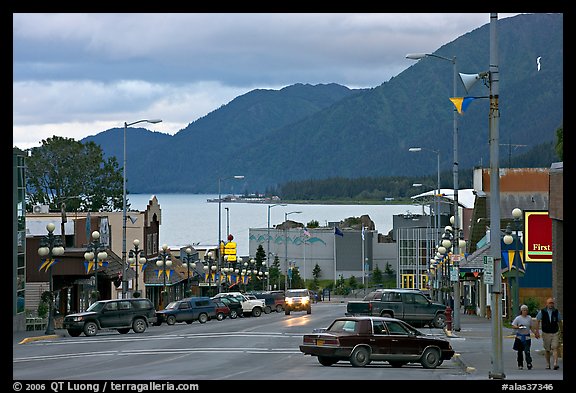 Main street and Resurrection Bay, evening. Seward, Alaska, USA (color)