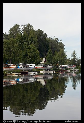 Seaplanes on the shore of Lake Hood, the largest sea plane base in the world. Anchorage, Alaska, USA (color)