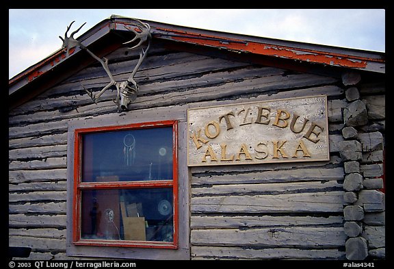 Log cabin with caribou antlers. Kotzebue, North Western Alaska, USA (color)