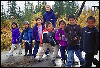 Inupiaq Eskimo kids and teacher, Kiana. North Western Alaska, USA