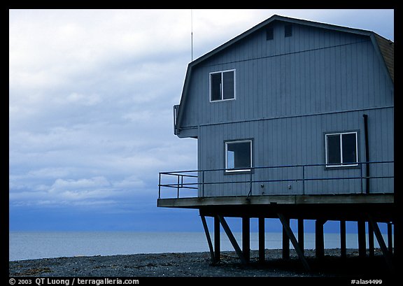 Watefront house on stilts on the Spit. Homer, Alaska, USA