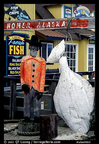 Halibut fishing sculpture on the Spit. Homer, Alaska, USA (color)
