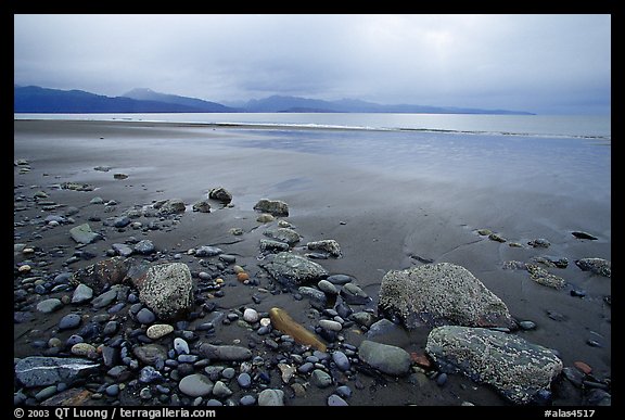 Sandy beach, rocks, and stormy skies on the Bay. Homer, Alaska, USA