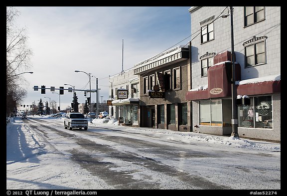 Downtown street in winter. Fairbanks, Alaska, USA
