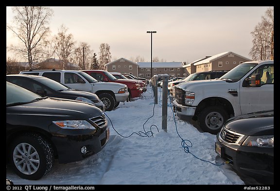 Cars with block engine heaters connected to plugs. Fairbanks, Alaska, USA