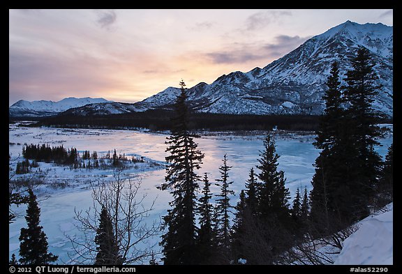 Winter sunset over Nenana River. Alaska, USA