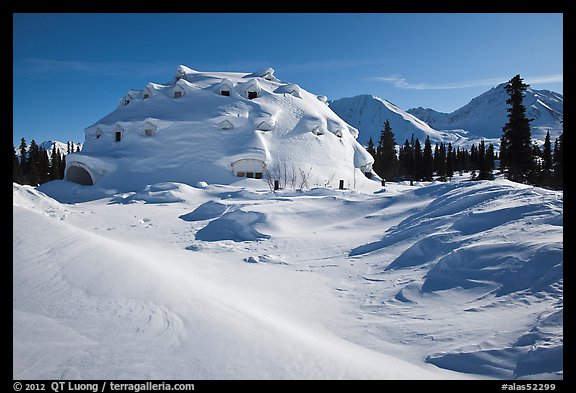 Igloo-shaped building in snowy landscape. Alaska, USA