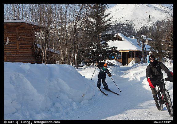 Winter recreation with snow-tired bike and skis. Wiseman, Alaska, USA